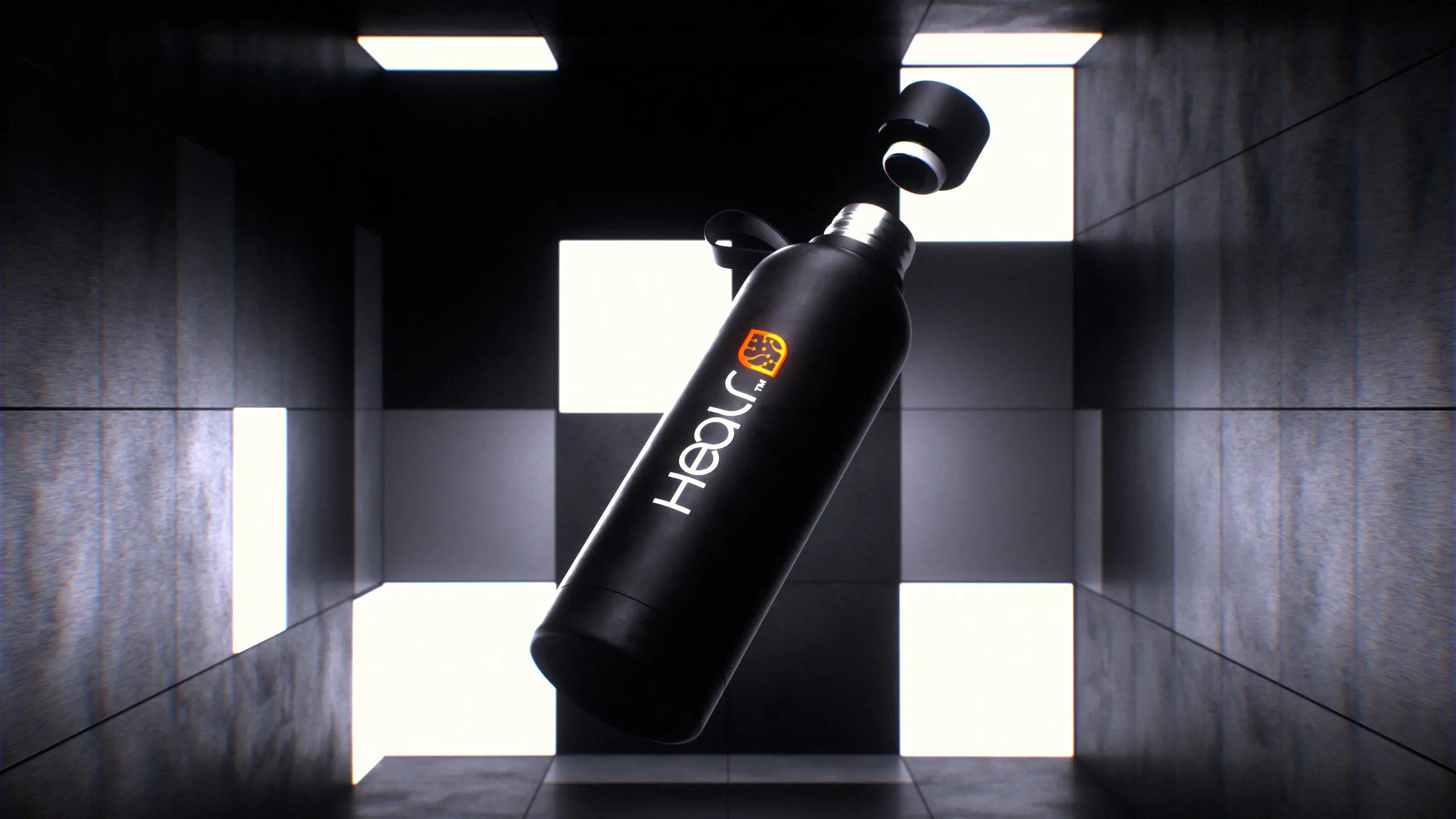 Healr H-Flask Drink Bottle in a black and white room